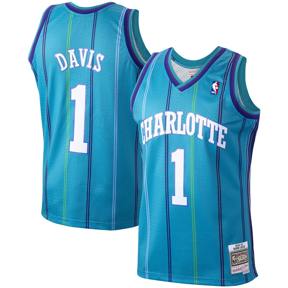 Baron Davis Teal Charlotte Hornets Hardwood Classics 1999 00 Swingman Jersey stitched basketball jersey for game day fanwear