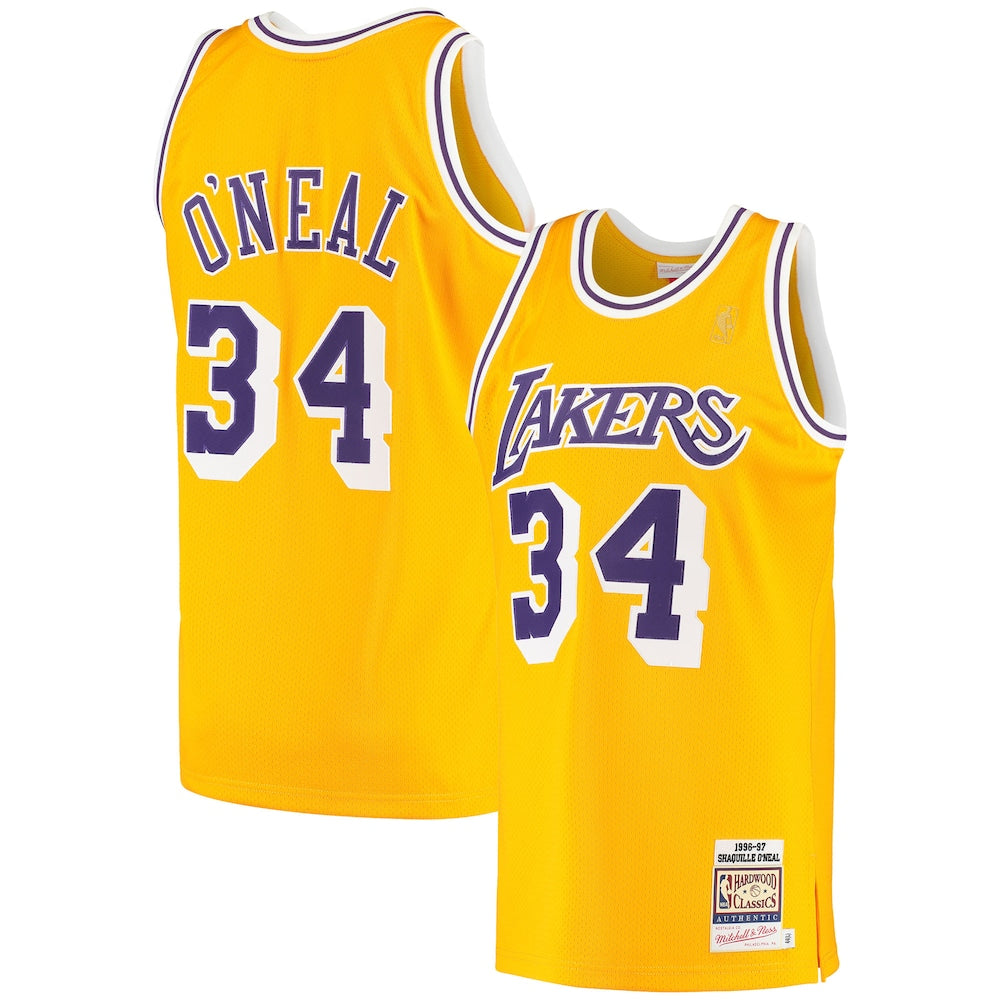 Shaquille Oneal Gold Los Angeles Lakers 199697 Hardwood Classics Jersey stitched basketball jersey for game day fanwear