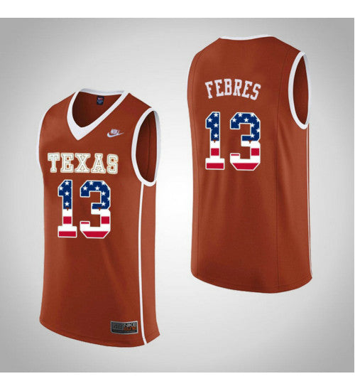 Texas Longhorns Jase Febres USA Flag #13 Orange stitched throwback college basketball jersey