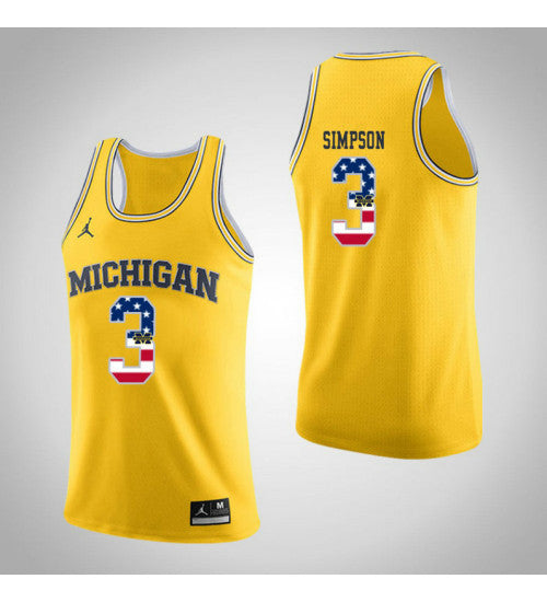 Michigan Wolverines 3 Zavier Simpson Jordan Usa Flag College Basketball Jersey Yellow | Stitched Jersey RTJS 8520