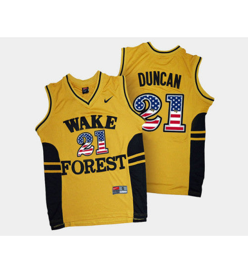 USA Flag Wake Forest Demon Deacons Tim Duncan Alternate #21 Gold stitched throwback college basketball jersey