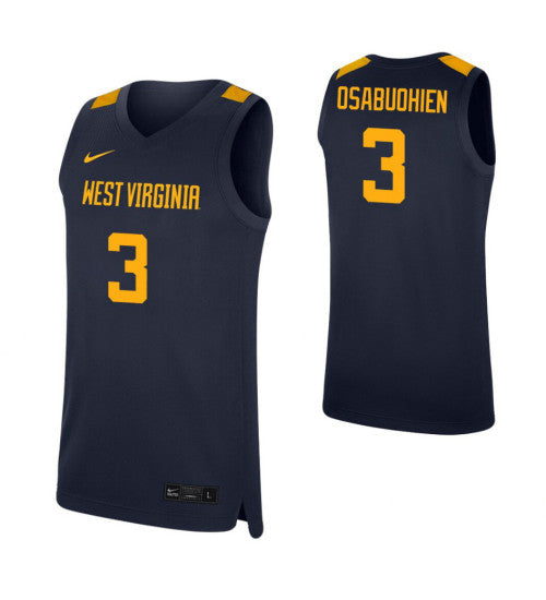 West Virginia Mountaineers 3 Gabe Osabuohien Navy College Basketball Jersey | Stitched Jersey RTJS 6027