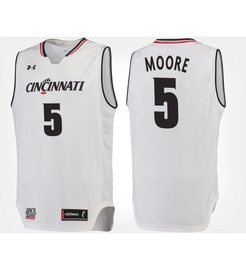 Cincinnati Bearcats 5 Trevor Moore White Road College Basketball Jersey stitched basketball jersey for game day fanwear