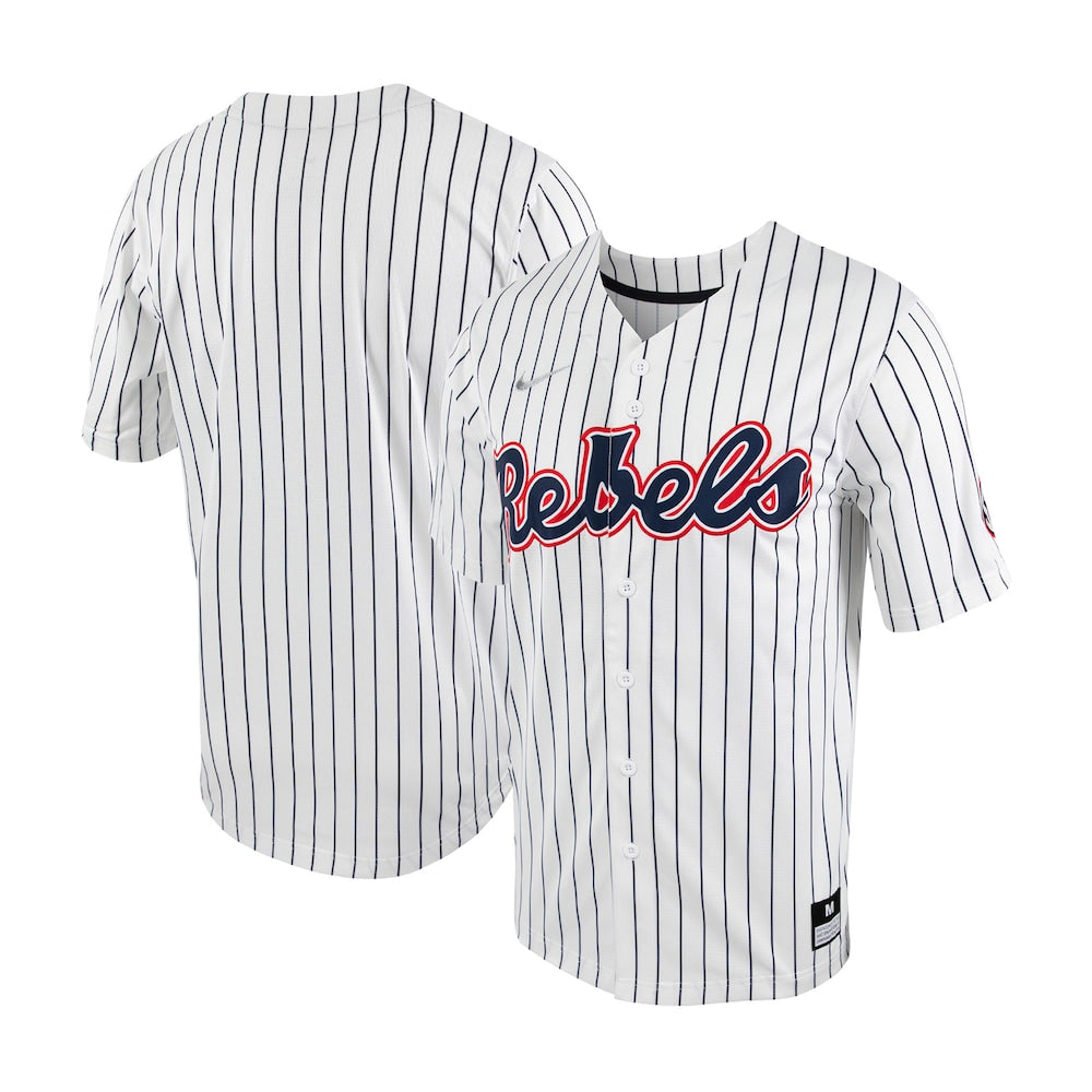 Whitenavy Ole Miss Rebels Pinstripe Replica Full Button Baseball Jersey - retro stitched baseball jersey for Whitenavy Ole fans
