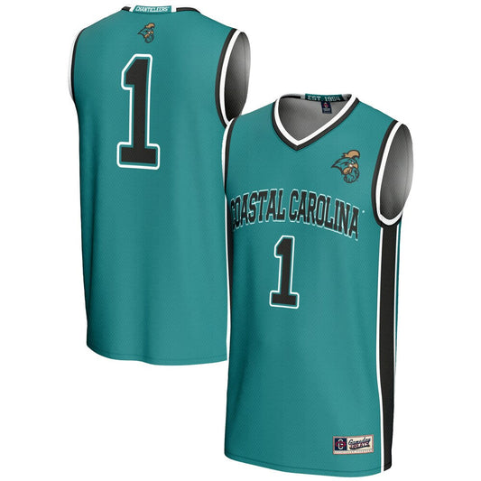 Male Gameday Greats 1 Light Blue Coastal Carolina Chanticleers Lightweight Basketball Jersey - retro stitched basketball jersey for Male Gameday fans