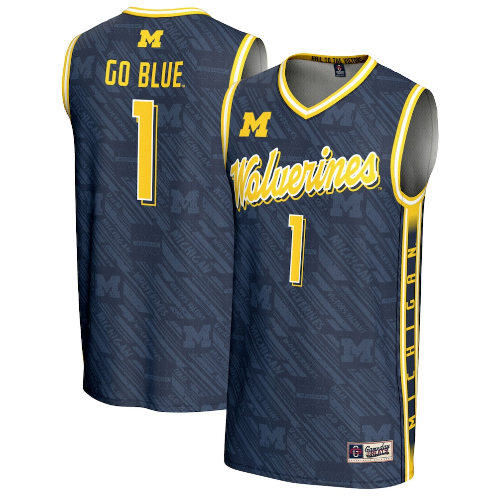 Gameday Greats 1 Navy Michigan Wolverines Highlight Print Lightweight Basketball Fashion Jersey - retro stitched basketball jersey for Gameday Greats fans