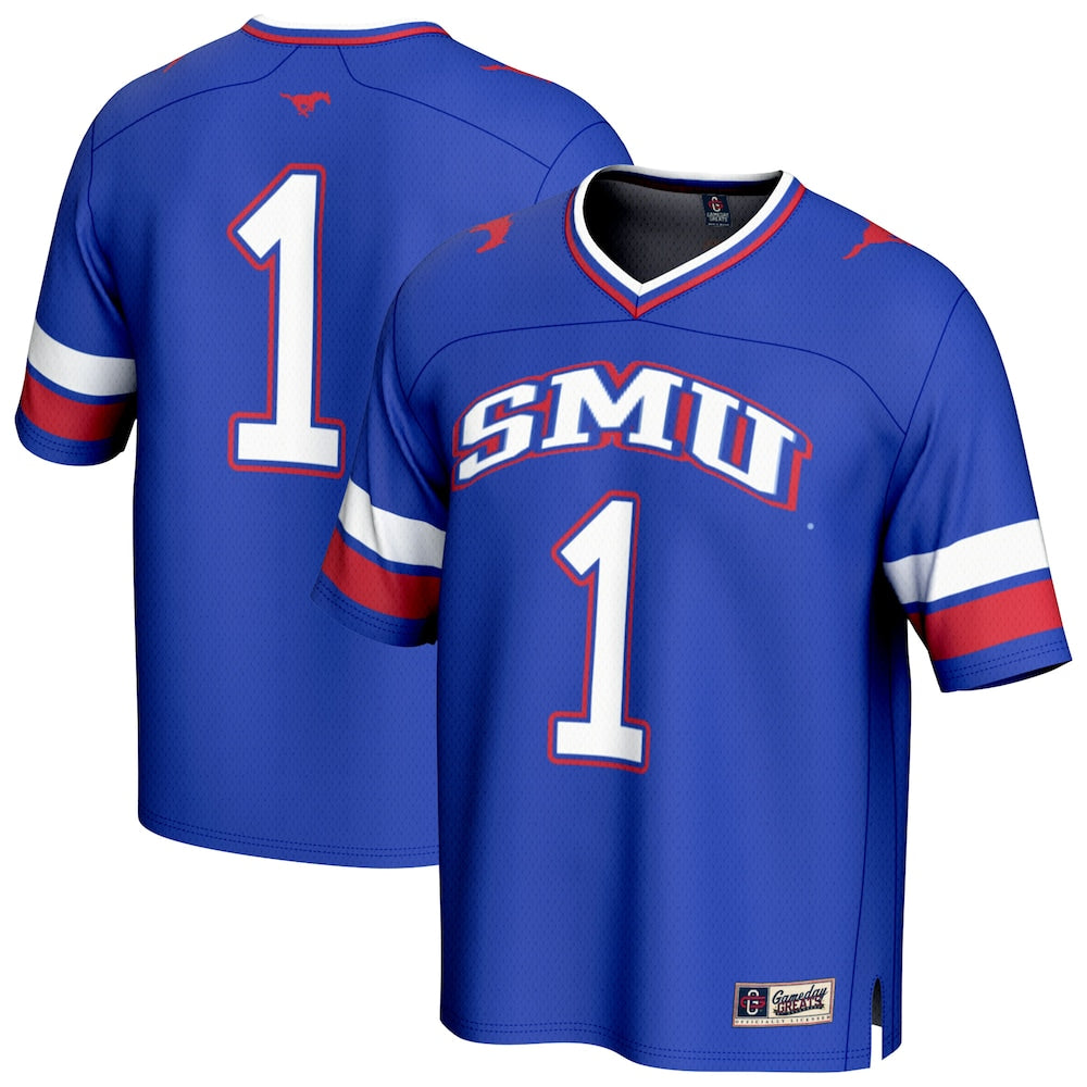 Gameday Greats 1 Royal Smu Mustangs Collegiate Football Fashion Jersey - retro stitched football jersey for Gameday Greats fans