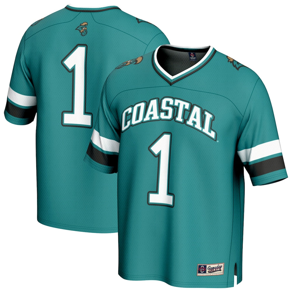 Gameday Greats 1 Teal Coastal Carolina Chanticleers Lightweight Collegiate Football Fashion Jersey - retro stitched football jersey for Gameday Greats fans