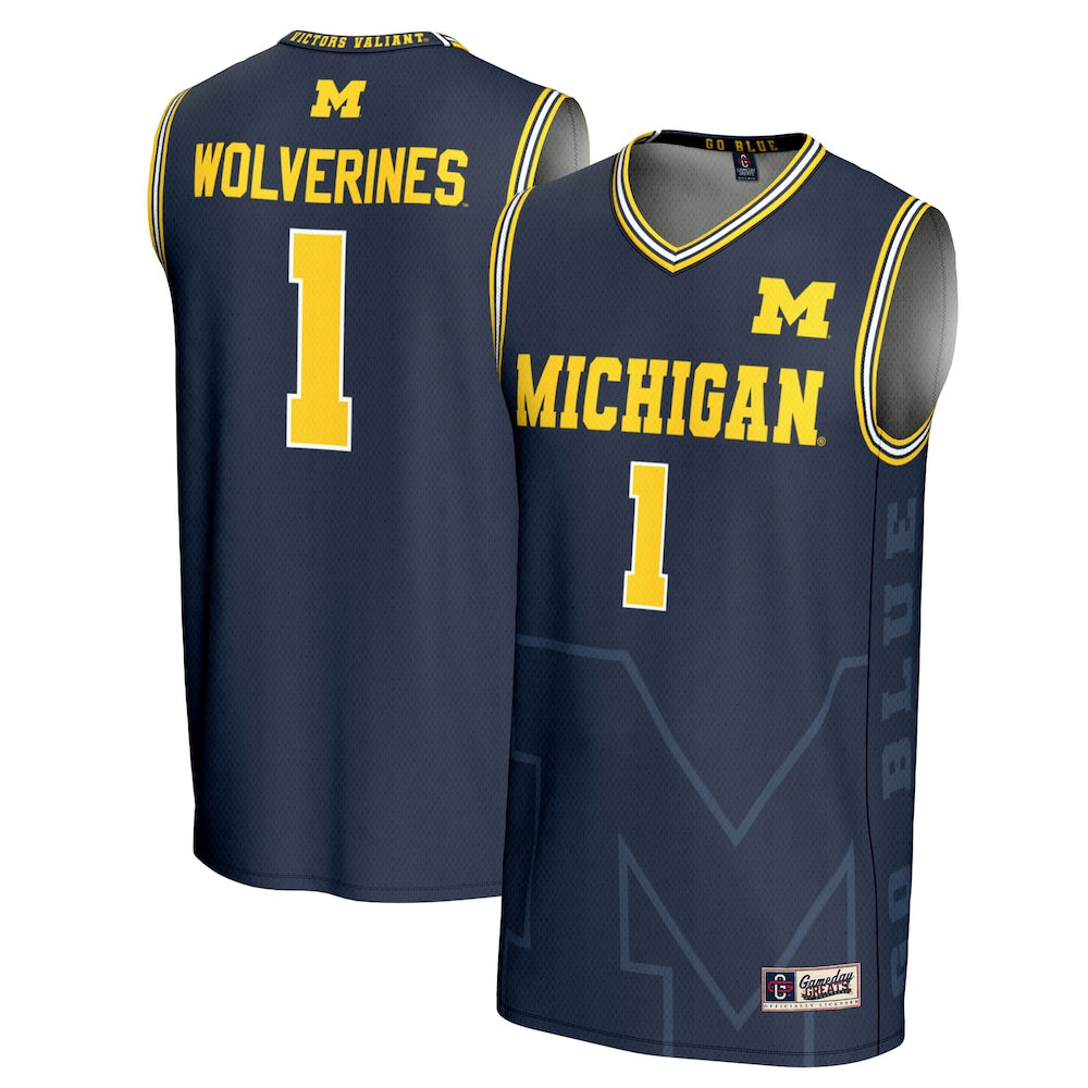 Gameday Greats 1 Navy Michigan Wolverines Icon Print Lightweight Basketball Fashion Jersey - retro stitched basketball jersey for Gameday Greats fans