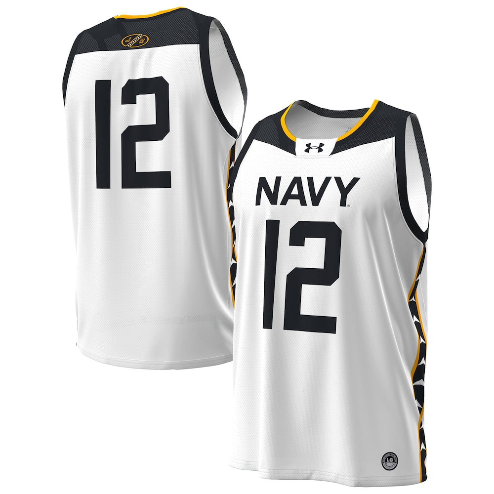12 White Navy Midshipmen Jolly Rogers Alternate Replica Basketball Jersey - retro stitched basketball jersey for 12 White fans