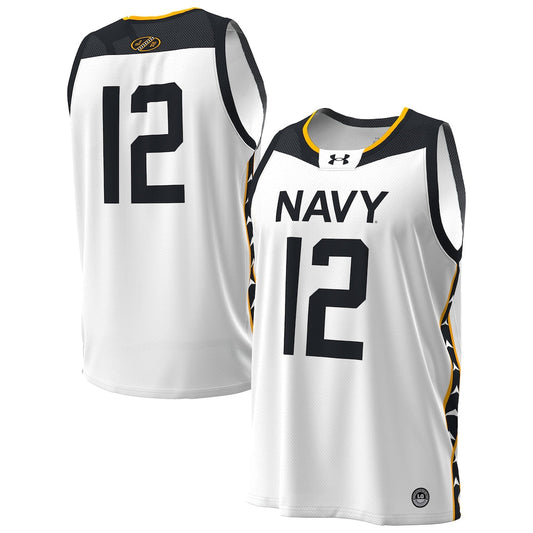 12 White Navy Midshipmen Jolly Rogers Alternate Replica Basketball Jersey - retro stitched basketball jersey for 12 White fans
