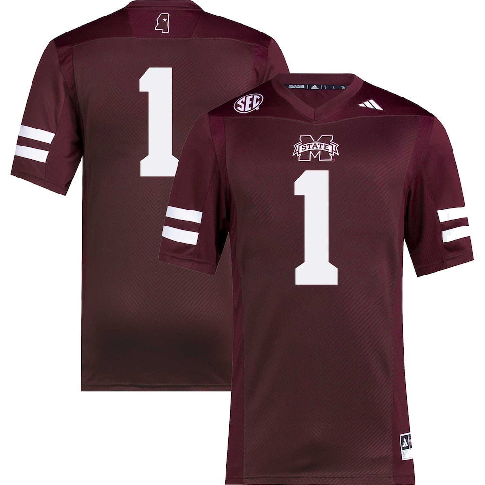 1 Maroon Mississippi State Bulldogs Premier Football Jersey - retro stitched football jersey for 1 Maroon fans