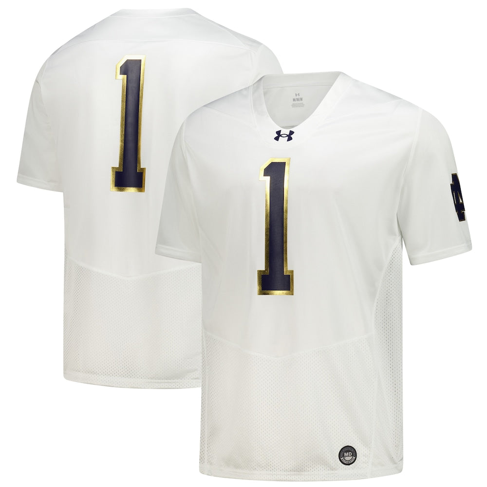White Notre Dame Fighting Irish 1 Replica Football Jersey - retro stitched football jersey for White Notre fans