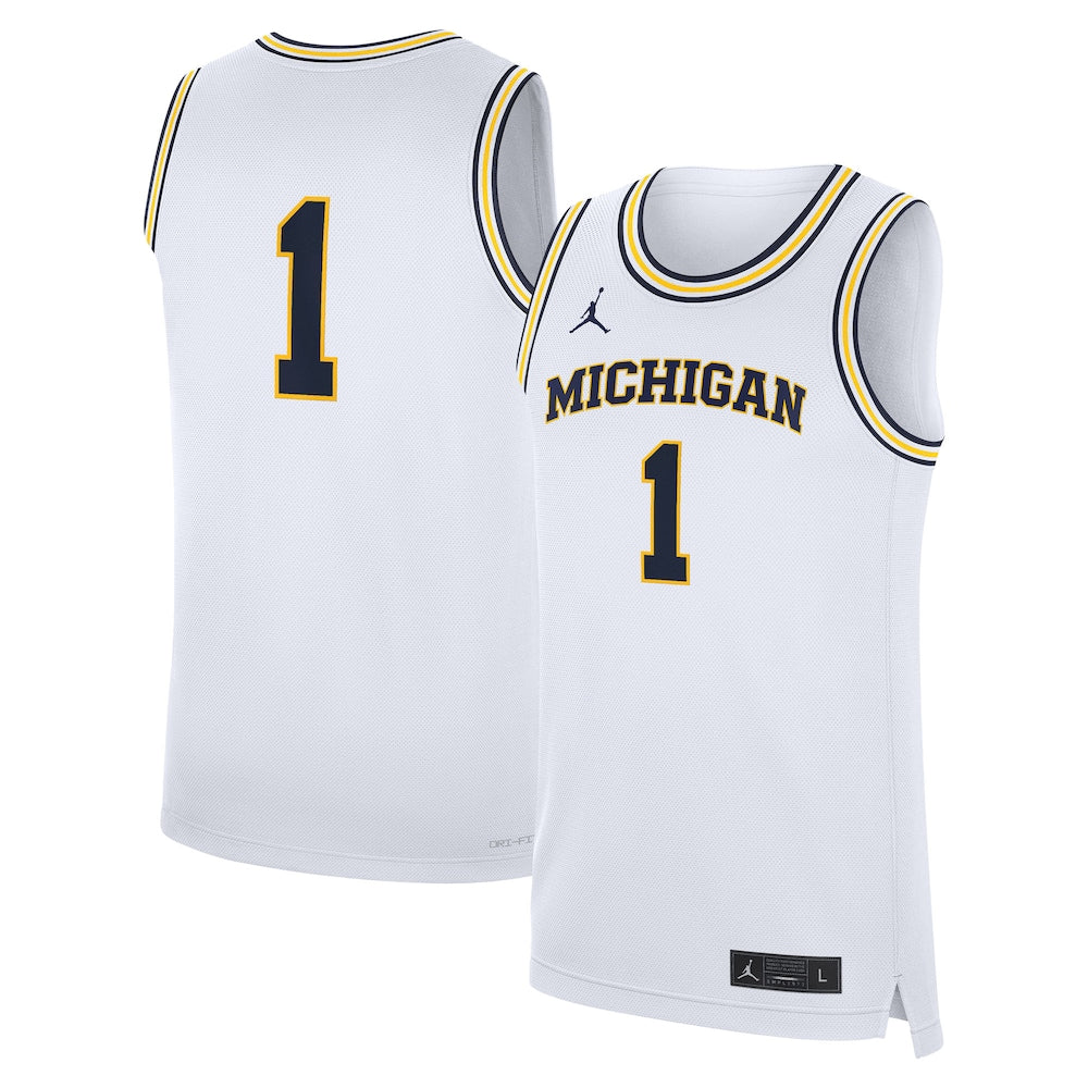 Jordan Brand White Michigan Wolverines Home Replica Basketball Jersey - retro stitched basketball jersey for Jordan Brand fans