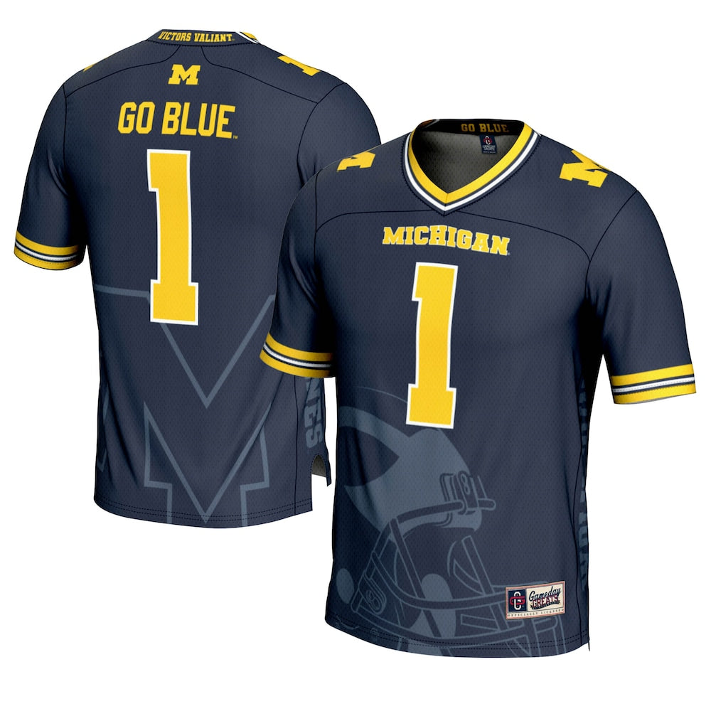 Gameday Greats 1 Navy Michigan Wolverines Icon Print Football Fashion Jersey - retro stitched football jersey for Gameday Greats fans