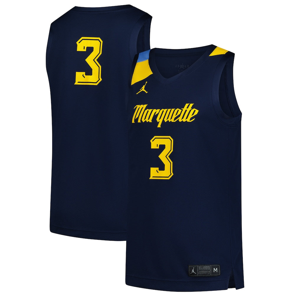 Jordan Brand 3 Navy Marquette Golden Eagles Replica Basketball Jersey - retro stitched basketball jersey for Jordan Brand fans