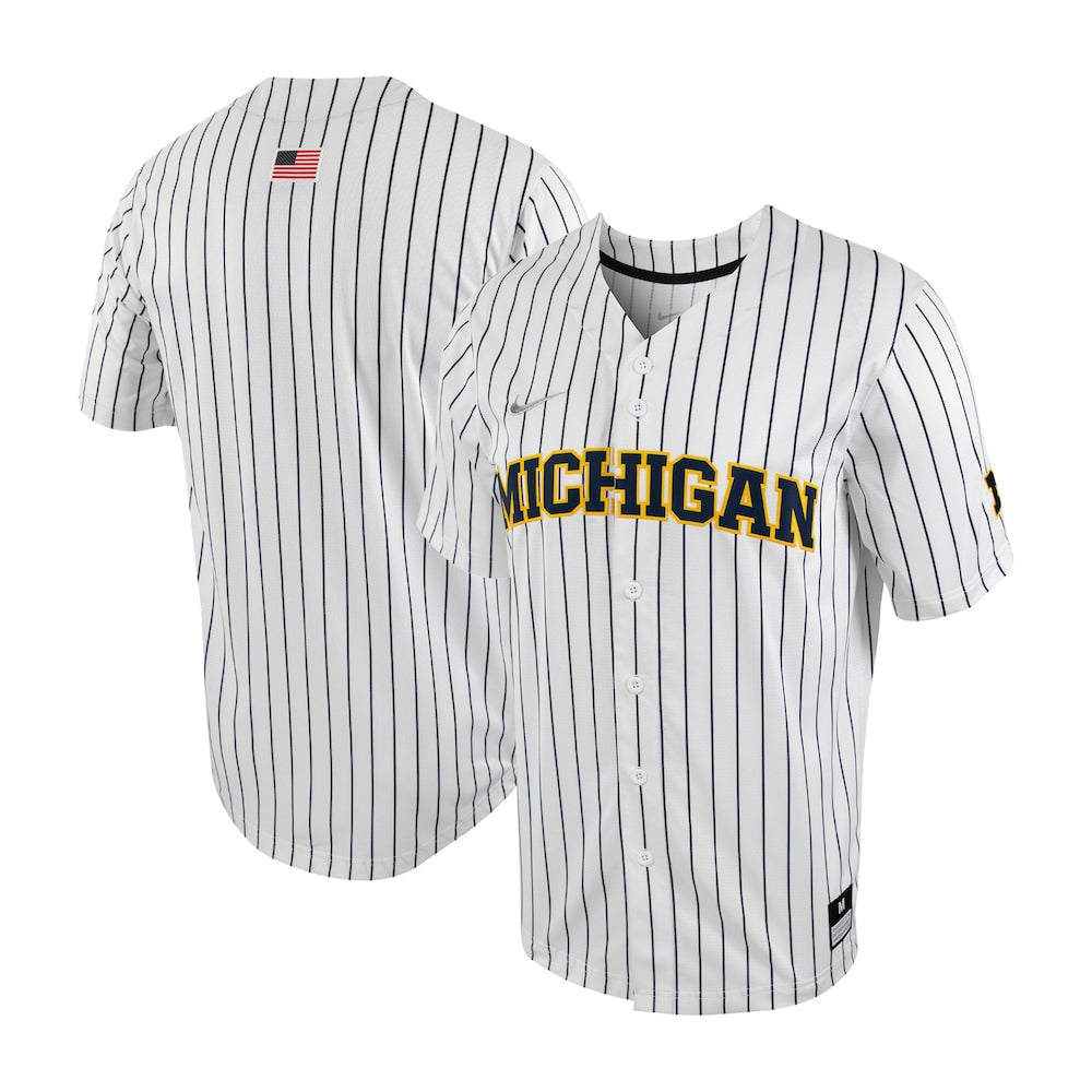 Whitenavy Michigan Wolverines Pinstripe Replica Full Button Baseball Jersey - retro stitched baseball jersey for Whitenavy Michigan fans