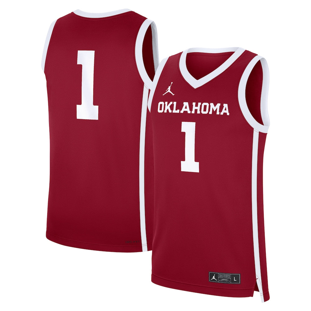 Jordan Brand Crimson Oklahoma Sooners 1 Road Replica Basketball Jersey - retro stitched basketball jersey for Jordan Brand fans