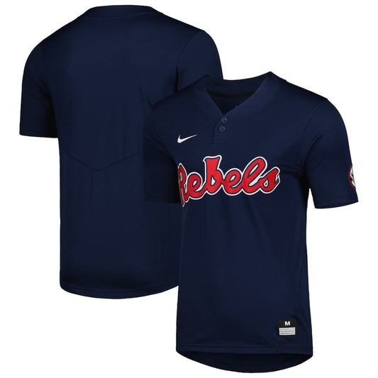 Navy Ole Miss Rebels 2 Button Replica Baseball Jersey - retro stitched baseball jersey for Navy Ole fans