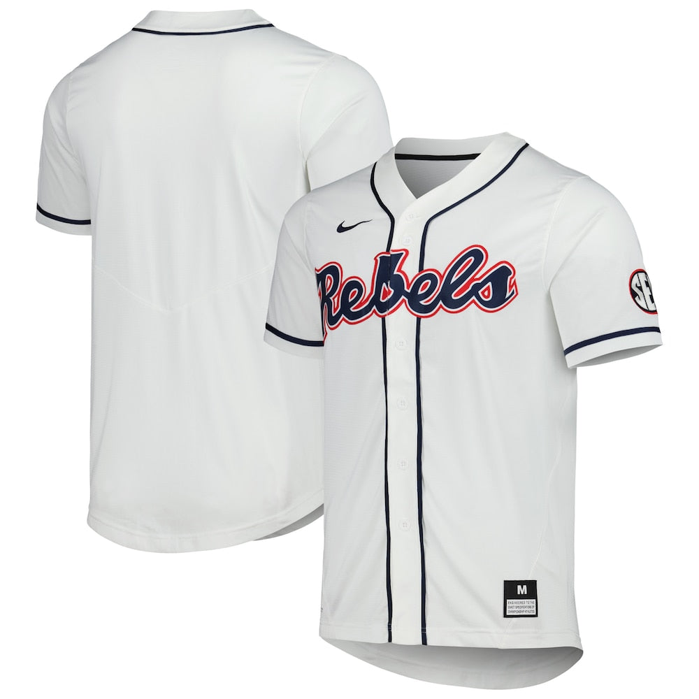 White Ole Miss Rebels Full Button Replica Baseball Jersey - retro stitched baseball jersey for White Ole fans