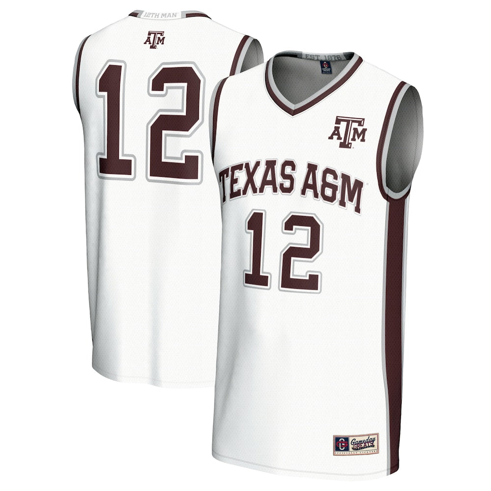 Gameday Greats 12 White Texas Am Aggies Basketball Lightweight Fashion Jersey - retro stitched basketball jersey for Gameday Greats fans