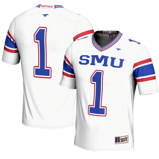 Gameday Greats 1 White Smu Mustangs Endzone Football Jersey - retro stitched football jersey for Gameday Greats fans