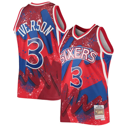 Men's M&N Allen Iverson Red PHI Hardwood Classics 1996/97 Hyper Hoops Swingman Jersey RTJ Basketball 560