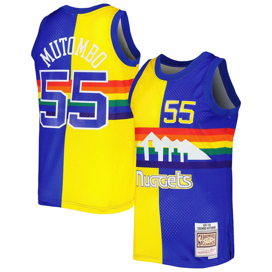 Men's M&N Dikembe Mutombo Royal/Gold DEN Hardwood Classics 1991/92 Split Swingman Jersey RTJ Basketball 684