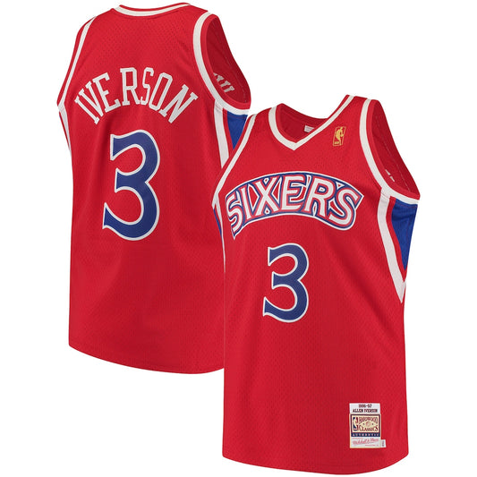 Men's M&N Allen Iverson Red PHI Hardwood Classics Jersey RTJ Basketball 724