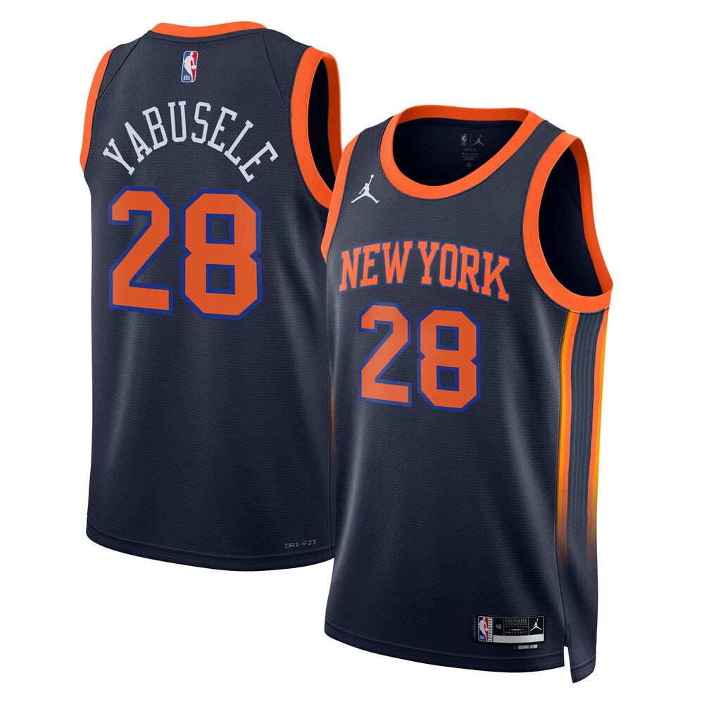 New York Knicks Jordan Brand Statement Edition Swingman Jersey Navy Guerschon Yabusele Unisex stitched basketball jersey for