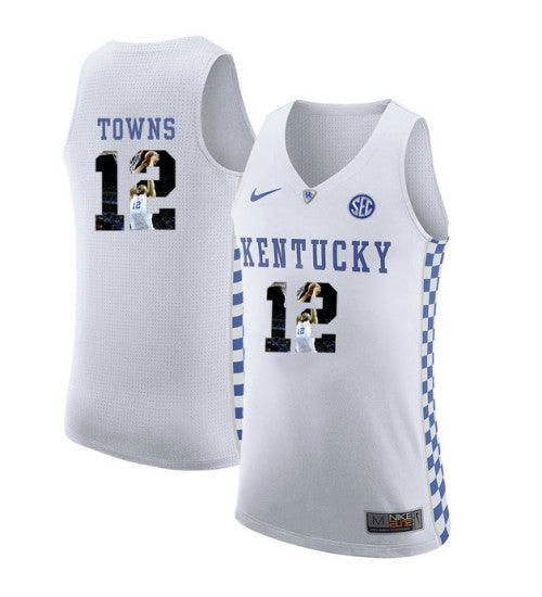 Kentucky Wildcats 12 Karl Anthony Towns College Basketball Jersey White stitched retro jersey