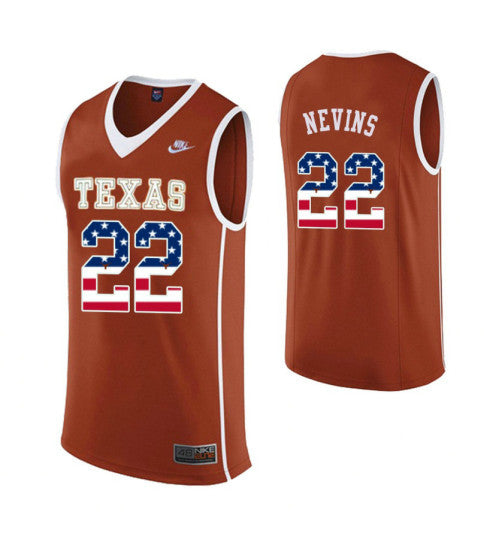 Texas Longhorns Blake Nevins USA Flag #22 Orange stitched throwback college basketball jersey