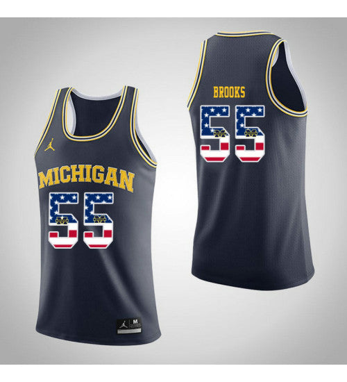 Michigan Wolverines #55 Eli Brooks Jordan USA Flag College Basketball Jersey Navy stitched college jersey