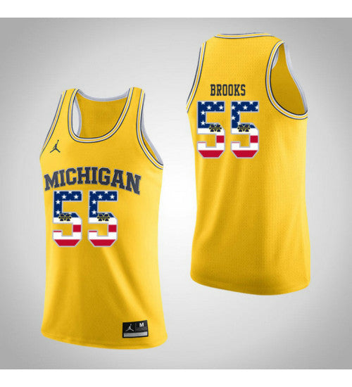 Michigan Wolverines #55 Eli Brooks Jordan USA Flag College Basketball Jersey Yellow stitched college jersey
