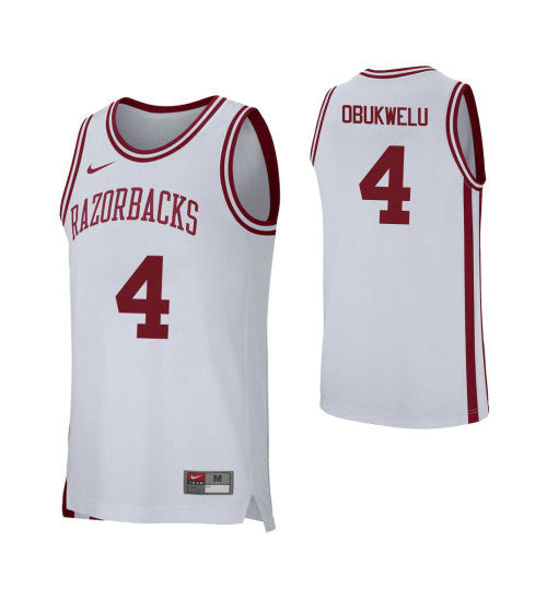 Arkansas Razorbacks 4 Emeka Obukwelu College Basketball Jersey White stitched basketball jersey for game day fanwear