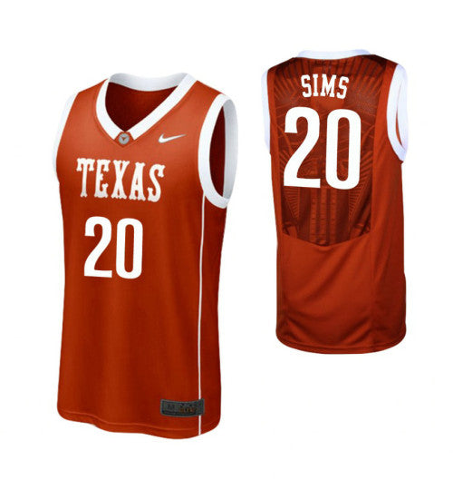 Texas Longhorns Jericho Sims Burnt #20 Burnt Orange stitched throwback college basketball jersey