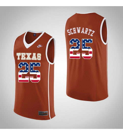 Texas Longhorns Joe Schwartz USA Flag #25 Orange stitched throwback college basketball jersey