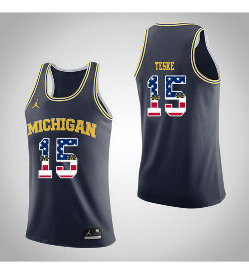 Michigan Wolverines 15 Jon Teske Jordan Usa Flag College Basketball Jersey Navy | Stitched Jersey RTJS 8598