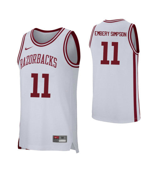 Arkansas Razorbacks 11 Keyshawn Embery Simpson College Basketball Jersey White stitched basketball jersey for game day
