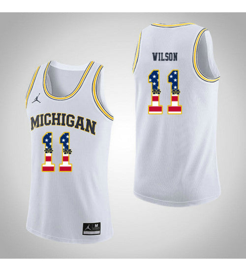 Michigan Wolverines #11 Luke Wilson Jordan USA Flag College Basketball Jersey White stitched college jersey