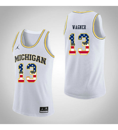 Michigan Wolverines #13 Moritz Wagner Jordan USA Flag College Basketball Jersey White stitched college jersey