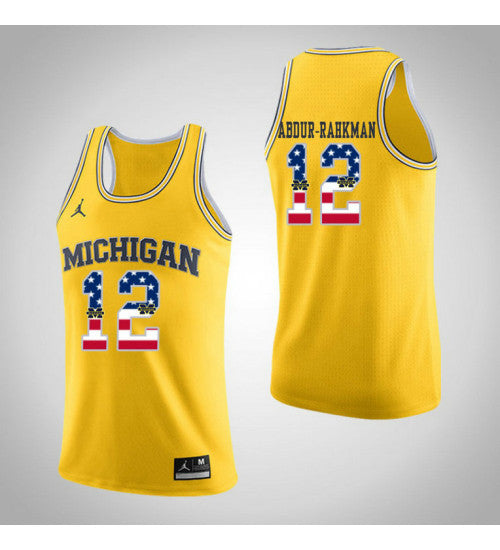 Michigan Wolverines 12 Muhammad Ali Abdur Rahkman Jordan Usa Flag College Basketball Jersey Yellow | Stitched Jersey RTJS 8625
