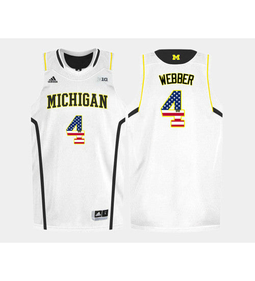 Michigan Wolverines #4 Chirs Webber White Home USA Flag College Basketball Jersey stitched college jersey