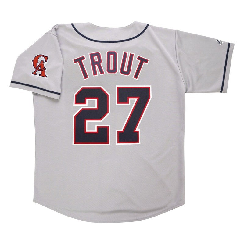 Mike Trout California Angels Grey Road Throwback Jersey W Team Patch jersey front view