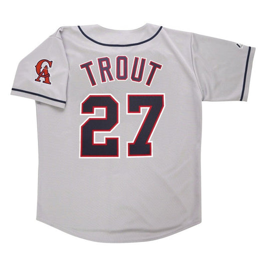 Mike Trout California Angels Grey Road Throwback Jersey W Team Patch jersey front view