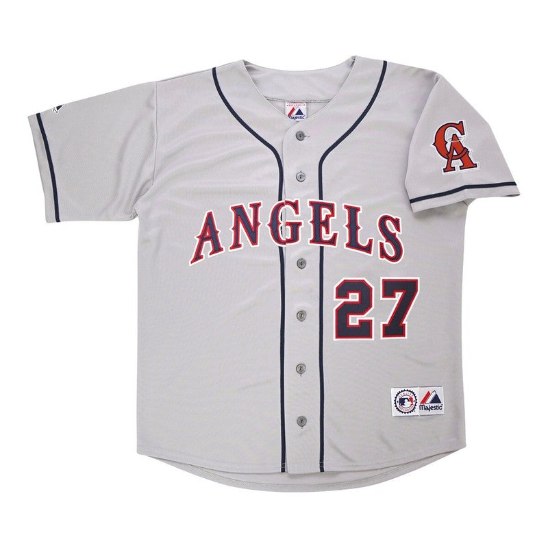 Mike Trout California Angels Grey Road Throwback Jersey W Team Patch jersey front view