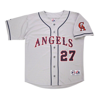 Mike Trout California Angels Grey Road Throwback Jersey W Team Patch jersey front view