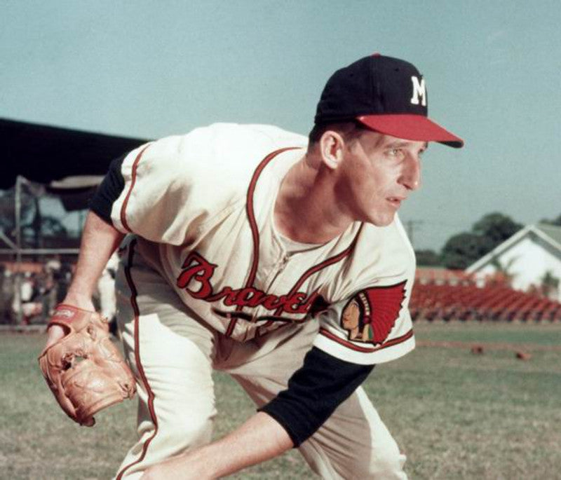 Warren Spahn Milwaukee Braves 1955 Away Throwback Baseball Jersey jersey front view