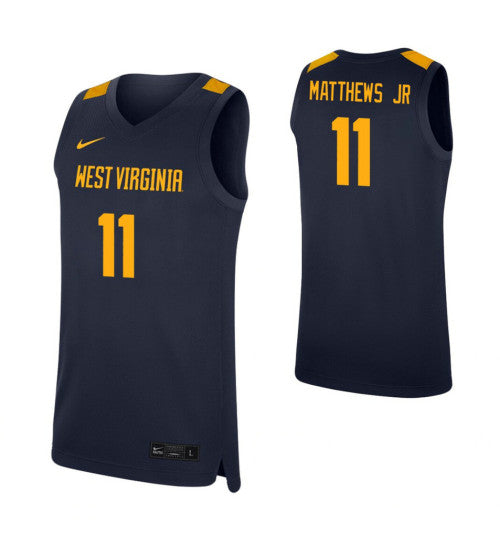 West Virginia Mountaineers Emmitt Matthews Jr #11 Navy stitched throwback college basketball jersey